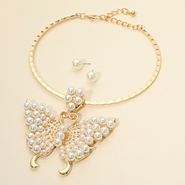 Bold Pearl Embellished Butterfly Pendant Statement Choker Necklace