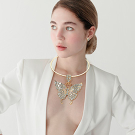 Bold Stone Embellished Butterfly Pendant Statement Choker Necklace