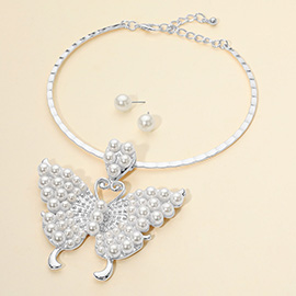Bold Pearl Embellished Butterfly Pendant Statement Choker Necklace