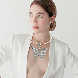 Bold Stone Embellished Butterfly Pendant Statement Choker Necklace