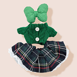 Mini Doll Holiday Knit Top Plaid Skirt Bow Headband Outfit Set