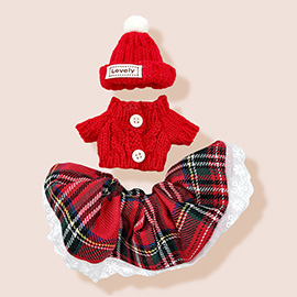 Mini Doll Holiday Knit Top Plaid Skirt Santa Hat Headband Outfit Set