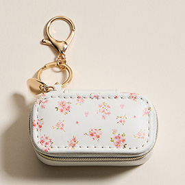 Floral Pattern Printed Rectangular Travel Jewelry Case Keychain Bag Charm