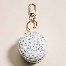 Floral Pattern Printed Round Shaped Travel Jewelry Case Keychain Bag Charm