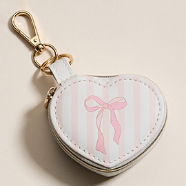 Bow Accent Striped Printed Heart Shaped Jewelry Case Keychain Bag Charm
