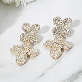 Rhinestone Paved Double Flower Link Drop Evening Earrings