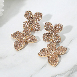 Rhinestone Paved Double Flower Link Drop Evening Earrings