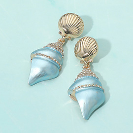 Gold Dipped Stone Paved Pearly Conch Shell Dangle Statement Earrings