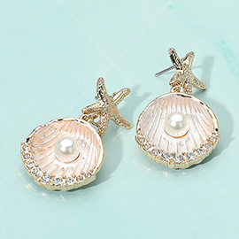 Gold Dipped Starfish Pearl Accent Seashell Drop Dangle Earrings
