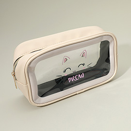 Meow Cat Face Printed Transparent Travel Cosmetic Pouch Bag