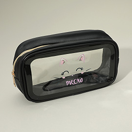 Meow Cat Face Printed Transparent Travel Cosmetic Pouch Bag