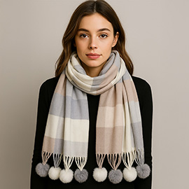 Pom Pom Tassel Trim Plaid Scarf