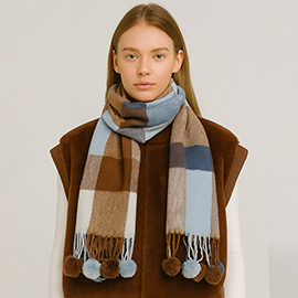 Pom Pom Tassel Trim Plaid Scarf