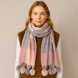 Pom Pom Tassel Trim Plaid Scarf