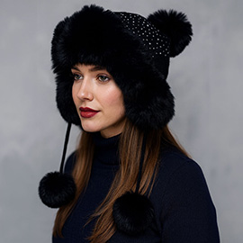 Rhinestone Embellished Faux Fur Ear Flap Pom Pom Winter Trapper Hat