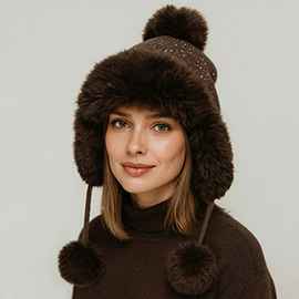 Rhinestone Embellished Faux Fur Ear Flap Pom Pom Winter Trapper Hat