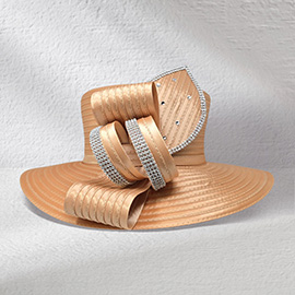 Wide Brim Rhinestone Embellished Bow Accent Dressy Hat