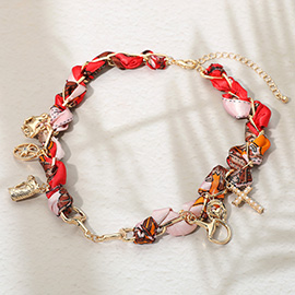 Horsebit Link Center Horse Horseshoe Pearl Cross Starburst Charm Station Fabric Necklace