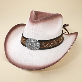 Western Flower Vine Embossed Oval Concho Buckle Band Cowboy Fedora Hat