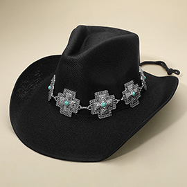 Western Turquoise Stone Accent Cross Concho Buckle Band Cowboy Fedora Hat