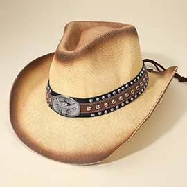Western Oval Steer Head Buckle Studded Band Cowboy Fedora Hat