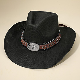 Western Oval Steer Head Buckle Studded Band Cowboy Fedora Hat