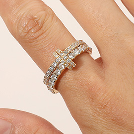 Two Tone Stone Paved Interlocking Double Band Ring