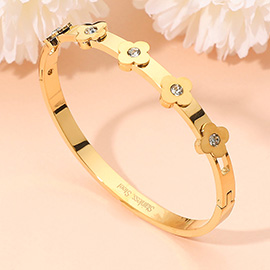 Stainless Steel CZ Stone Accent Quatrefoil Motif Hinged Bangle Bracelet