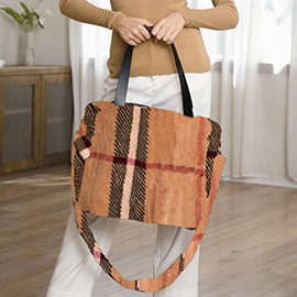 Fluffy Faux Fur Plaid Pattern Shoulder Bag / Tote Bag