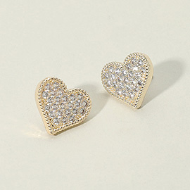 14K Gold Plated CZ Stone Paved Heart Stud Earrings
