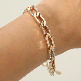 Gold Dipped Stone Paved Geometric Link Chain Bracelet