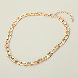 Gold Dipped Stone Paved Geometric Link Chain Necklace