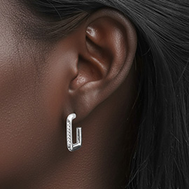White Gold Dipped CZ Stone Paved Mini Square Hoop Earrings