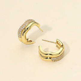 14K Gold Dipped CZ Stone Paved Wavy Mini Huggie Hoop Earrings