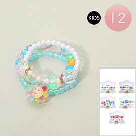12 SET OF 3 - Kids Smiley Flower Bow Pearl Faceted Beaded Stretch Multi Layered Bracelets