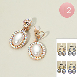 12Pairs - Oval Pearl Drop Dangle Evening Clip On Earrings