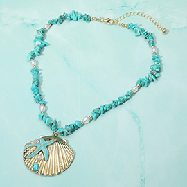 Bold Starfish Accent Seashell Pendant Natural Stone Beaded Statement Necklace
