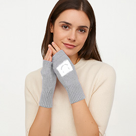 Square Smile Face Accent Fingerless Knit Gloves