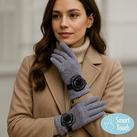 Faux Leather Flower Accent Elegant Smart Touch Gloves