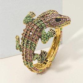 Crystal Rhinestone Crocodile/Alligator Embellished Evening Hinged Cuff Bracelet