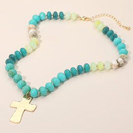 18K Gold Dipped Hammered Cross Plate Pendant Chunky Resin Disc Beaded Necklace