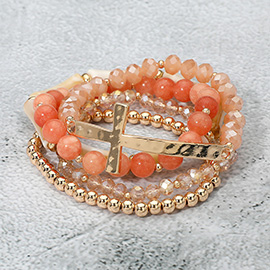 5PCS - Metal Cross Accent Resin Bamboo Bar Faceted Beaded Stretch Multi Layered Bracelets