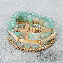 5PCS - Metal Cross Accent Resin Bamboo Bar Faceted Beaded Stretch Multi Layered Bracelets