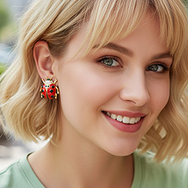 Rhinestone Paved Enamel Ladybug Earrings
