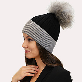 Two Tone Real Fur Pom Knit Winter Beanie Hat