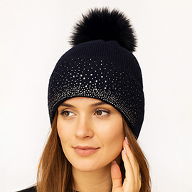 Rhinestone Ribbed Knit Real Fur Pom Winter Beanie Hat
