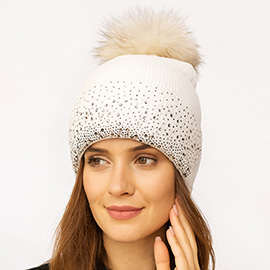 Rhinestone Ribbed Knit Real Fur Pom Winter Beanie Hat