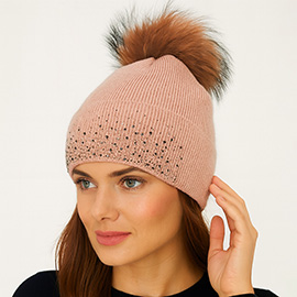 Rhinestone Ribbed Knit Real Fur Pom Winter Beanie Hat