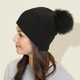 Detachable Fur Pom Pom Knit Winter Beanie Hat