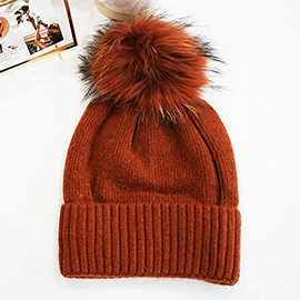 Rabbit Hair Fur Pom Slouchy Knit Winter Beanie Hat